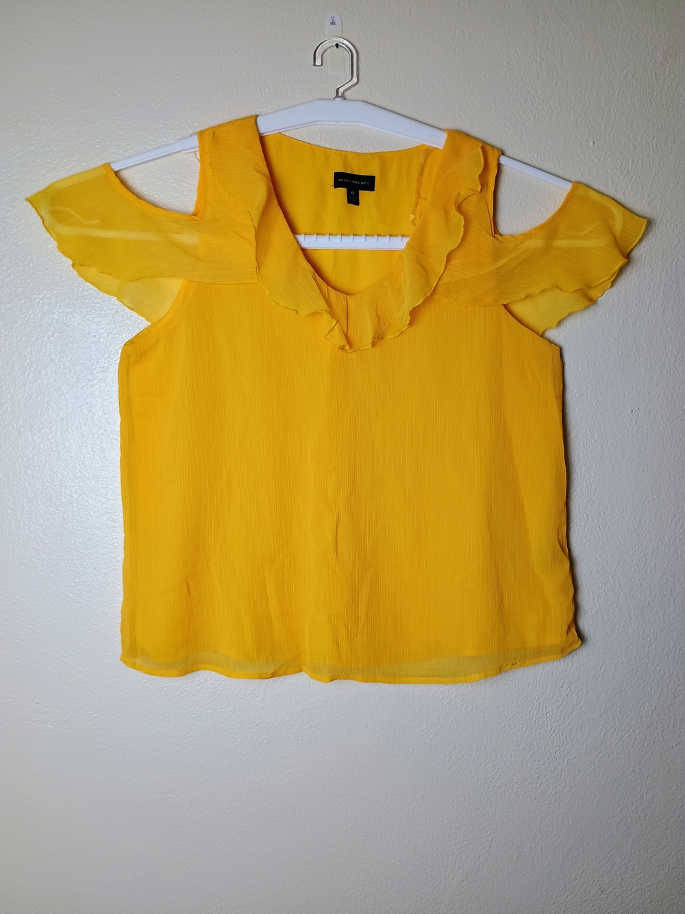 Vibrant Yellow Ruffle Cold-Shoulder Blouse - XL V-neck And Fluttery